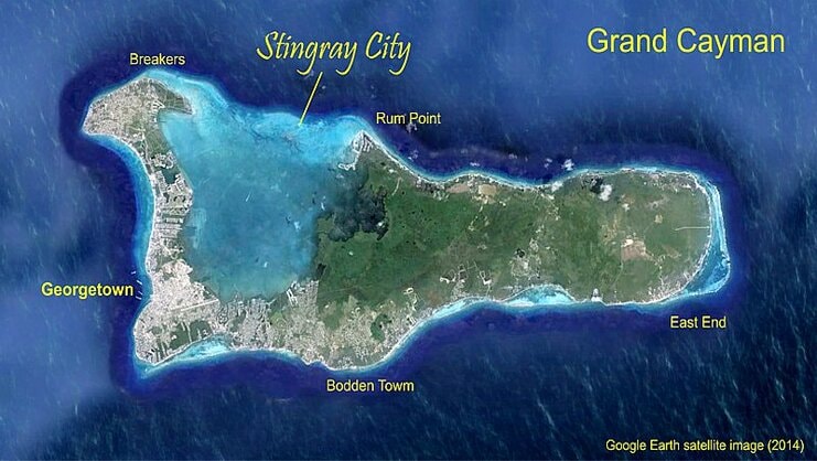 picture of a map of Grand Cayman that shows the location of Stingray City