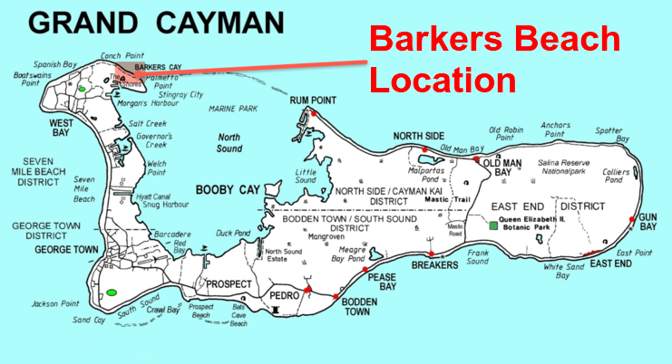 picture showing map of Grand Cayman and location of Barkers Beach
