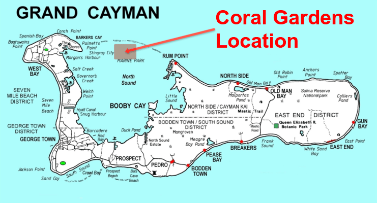 map showing the location of coral gardens in Grand Cayman