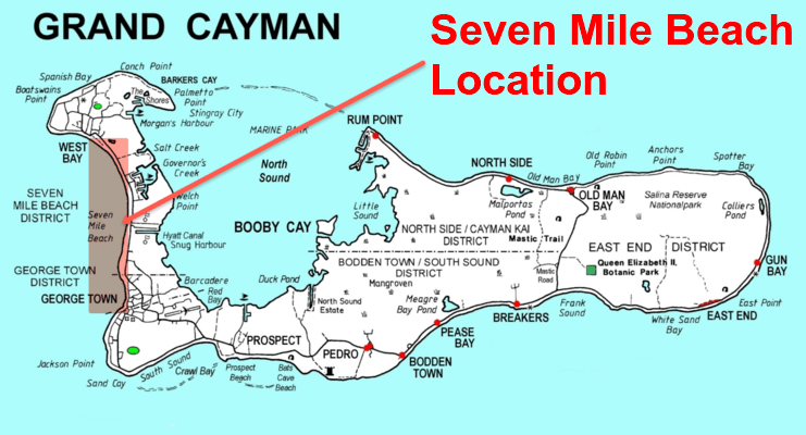 picture of map showing location of Seven Mile Beach on west side of Grand Cayman