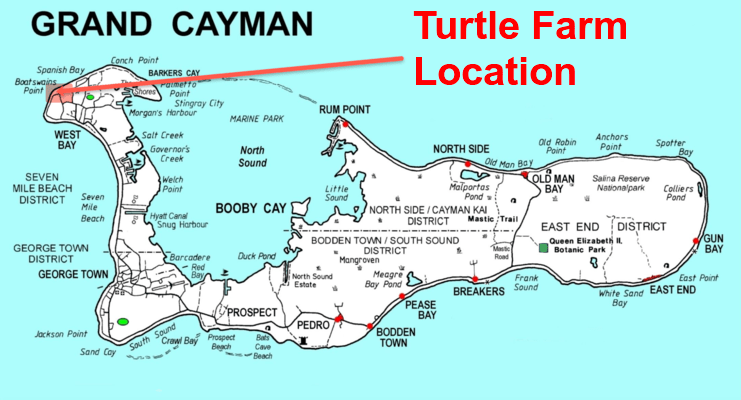 picture of a map showing the location of the turtle farm on the west side of Grand Cayman