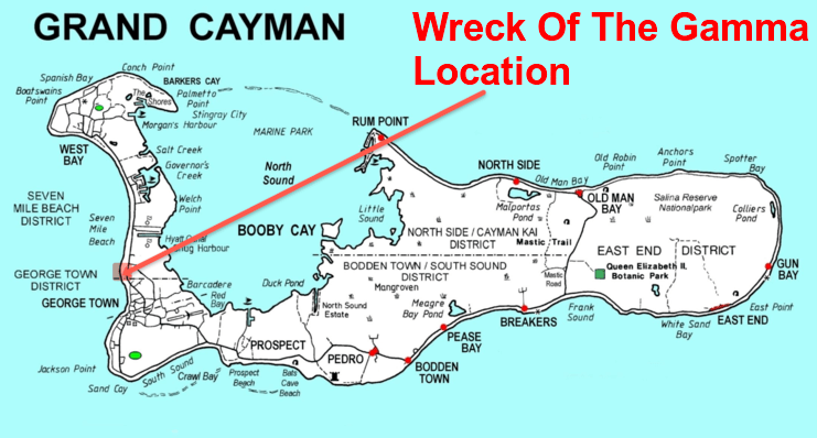 picture of a map showing location of wreck of the gamma on the west side of Grand Cayman