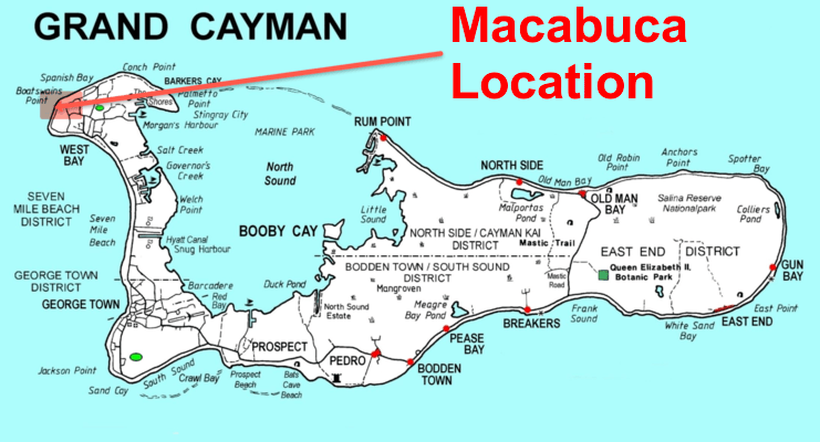 picture of map showing location of macabuca on west side of Grand Cayman