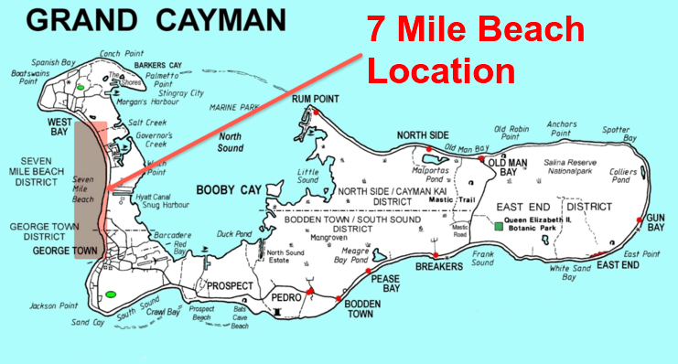 picture of map showing seven mile beach on west side of Grand Cayman