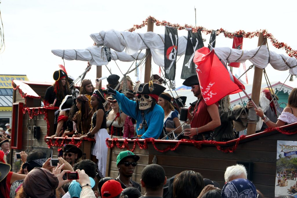 Crowds and costumed pirates at the Pirates Week Festival in Grand Cayman